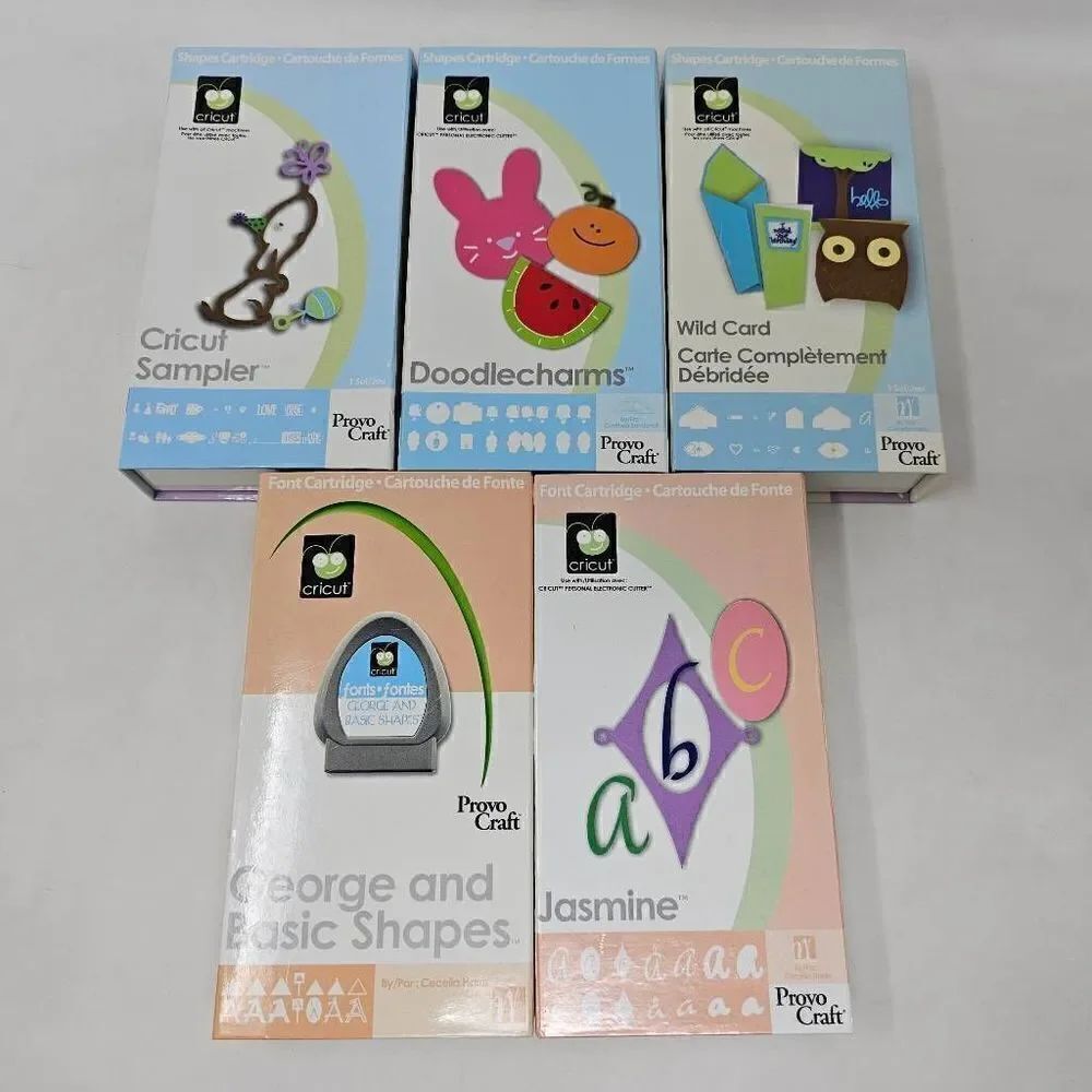 CRICUT CARTRIDGE LOT 5 SHAPES FONTS JASMINE GEORGE DOODLE WILD SAMPLER COMPLETE